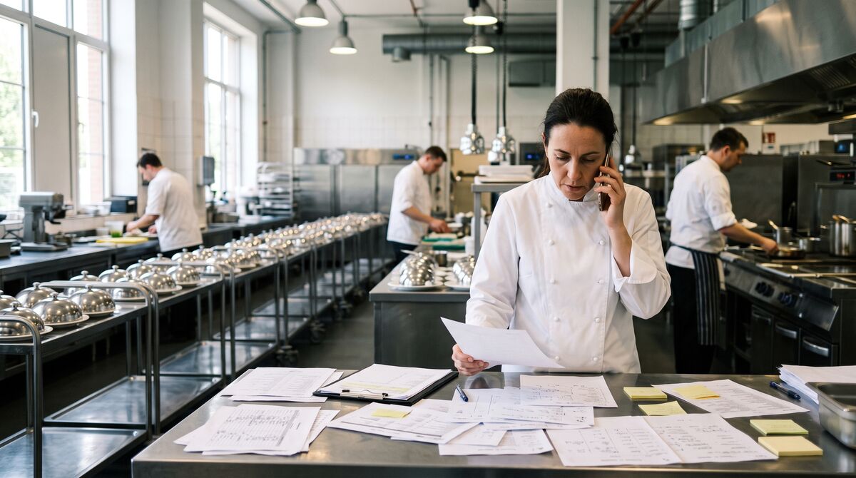 Küchenleiterin telefoniert in einer Cateringküche, Papiere auf der Arbeitsfläche
