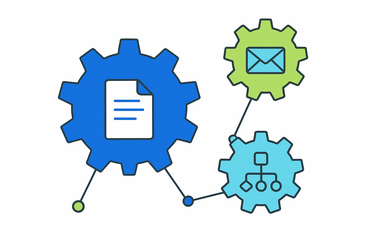 Automatisierung: Zahnräder verbinden Prozesse und Datenströme Symbolgrafik Zahnräder: Automatisierte Unternehmensprozesse mit Dokumenten- und E-Mail-Fluss.