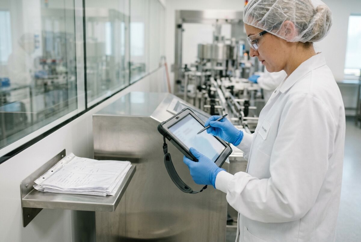 Mitarbeiterin in Laborkittel und Haarnetz erfasst einen Arbeitsschritt mit einem Tablet