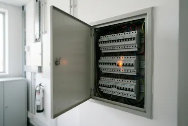 Geöffneter Sicherungskasten mit einer leuchtenden Warnlampe als Bild für getrennte Kostenkreise bei KI-Kosten im Unternehmen