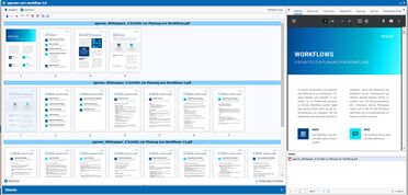 PDF-Dokumente trennen und zusammenfügen in agorum core Laptop-Bildschirm zeigt die PDF-Verarbeitung in agorum core pro, wobei PDF-Dokumente getrennt und zusammengefügt werden.