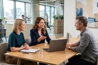 Drei Menschen sitzen an einem Besprechungstisch und sprechen über ein aufgeklapptes Notebook