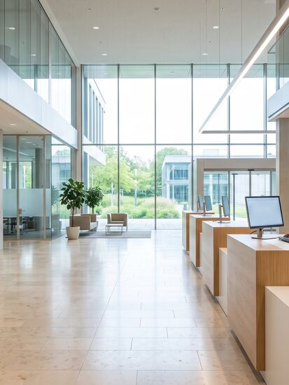 Verwaltungsmitarbeiterin an der Servicetheke eines modernen Bürgerbüros