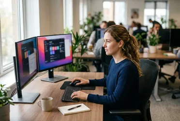 Administratorin richtet am Arbeitsplatz mit zwei Bildschirmen einen KI-Assistenten ein