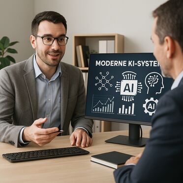 IT-Dienstleister erklärt KI-Systeme einem Kunden.