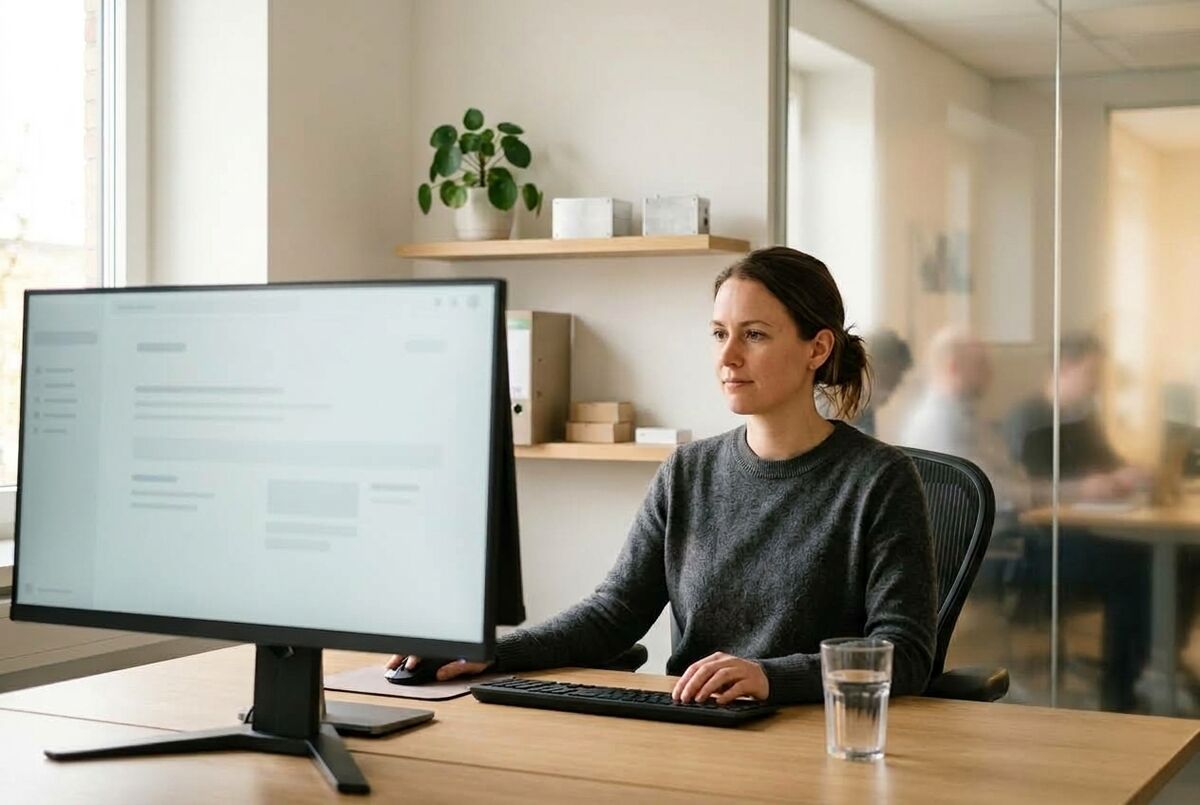 Entwicklerin am aufgeräumten Arbeitsplatz vor einem großen Bildschirm mit einer ruhigen Übersicht