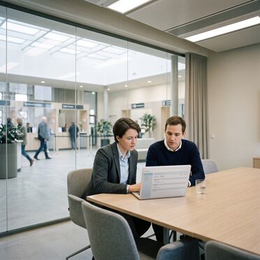 Zwei Personen am Laptop, dahinter das Bürgerbüro einer Verwaltung