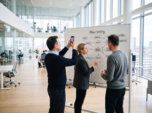 Drei Personen vor einem Whiteboard mit einer Skizze, eine fotografiert es mit dem Smartphone