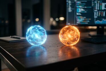 Zwei leuchtende Lichtkugeln in Blau und Orange als Sinnbild für den Vergleich zweier KI-Modelle