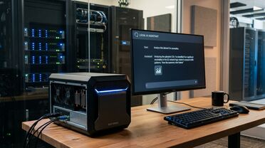 Kompakte NVIDIA DGX Spark Hardware auf einem Schreibtisch mit Monitor, der eine KI-Chat-Oberfläche zeigt, symbolisiert den lokalen Betrieb von Gemma 4 im Unternehmen