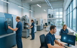 Fotorealistischer, moderner Besprechungsraum mit Business-Team, digitalen Prozessen auf Displays, dezenter KI-Integration