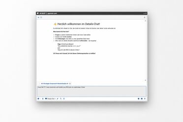 Screenshot: ALBERT | AI Chat in agorum core mit vorausgefüllter Vorlage „Fasse die VTT Datei zusammen und erstelle eine MD-Datei im zugehörigen Ordner“