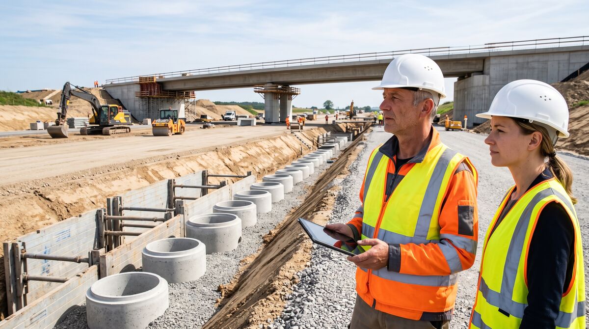 Bauleitung mit Tablet an einer Straßen- und Brückenbaustelle
