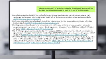 Chat mit ALBERT | AI auf einem Bildschirm, Antwort in fünf Schritten zur Sandbox mit Quellenverweisen auf die Dokumentation