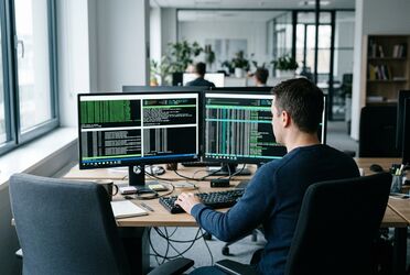 Administrator begleitet die Einrichtung eines KI-Servers über zwei Monitore mit Terminalfenstern