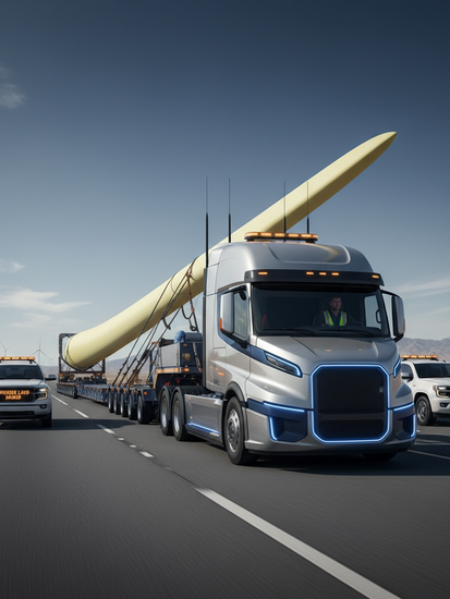 Schwerlasttransport mit Windkraftanlage auf Autobahn