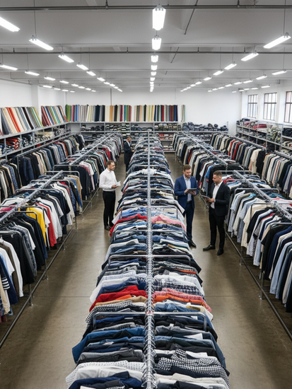 Modernes Textilgroßhandelslager mit Kleidungsstücken und Stoffen