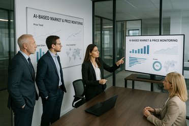Managementmeeting: KI-basierte Markt- und Preisüberwachung Geschäftsführung und Abteilungsleiter betrachten Auswertung zu Markt- und Preisüberwachung am Monitor, Konferenzraum, Glaswände