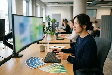 Marketing-Fachfrau pflegt Firmenfarben am Monitor, daneben Farbfächer in Blau und Grün als Grundlage für das Firmenwissen