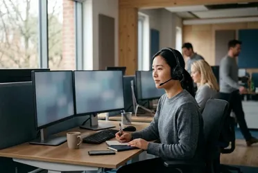Support-Mitarbeitende mit Headset vergleicht einen neuen Fall mit ähnlichen früheren Supportfällen aus der Wissensdatenbank