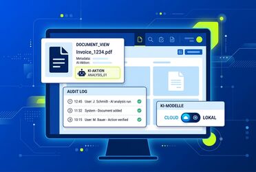 Live-Demo in agorum core: KI-Aktion mit ALBERT | AI, Audit-Log und Umschalter zwischen Cloud-LLM und lokalem LLM