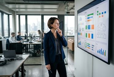 IT-Leiterin prüft am Monitor eine anstehende Cloud-Migration und wägt Datensouveränität und Risiken ab