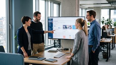 Team im Büro bespricht gemeinsam die zugeordneten Projektaufgaben am Monitor