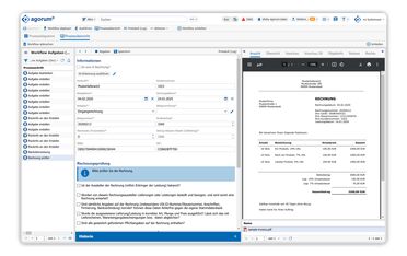 KI-gestützte Rechnungsverarbeitung in agorum core Screenshot zeigt die automatisierte Rechnungsverarbeitung mit KI in agorum core, wo Rechnungsdaten extrahiert und in ein Formular übernommen werden.