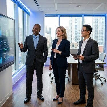 Führungsteam analysiert automatisierte E-Rechnungsverarbeitung auf digitalem Dashboard