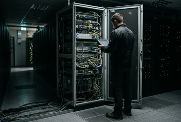 Techniker misst nachts am geoeffneten Serverschrank die Werte der Luefterregelung