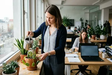 Mitarbeiterin gießt im Büro eine Pflanze mit der Gießkanne, Sinnbild für Skill, Werkzeug und Daten
