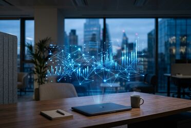 Abstrakte blaue Datenvisualisierung über einem Schreibtisch – Bewertung und Vergleich von KI-Modellen wie Kimi K3 in ALBERT | AI