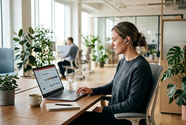 Person nimmt an einem Online-Webinar zum Thema KI im Mittelstand teil und sieht eine Präsentation mit Prozess-Diagrammen