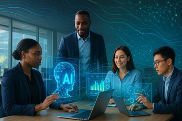 Die Zukunft der Arbeit mit KI Moderne Arbeitsumgebung mit KI-Integration und holografischen Interfaces