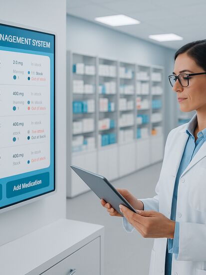 Moderne digitale Apotheke mit Tablet und Verwaltungssystem
