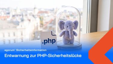 Blauer Plüsch-Elefant geschützt unter einer Glasglocke neben einer Karte mit der Dateiendung .php