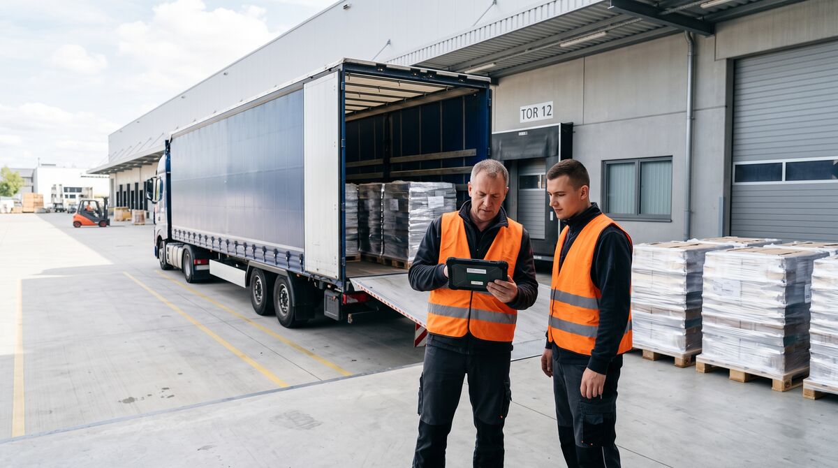 Zwei Lagermitarbeiter mit Tablet an der Verladerampe