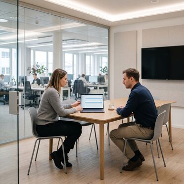 Beraterin und IT-Leiter am Bildschirm mit einer Liste freigegebener Dokumente