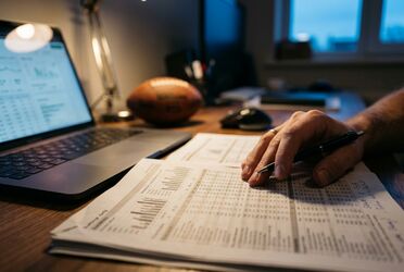 Hand analysiert Wahrscheinlichkeits- und Quotentabellen neben einem Laptop, Sinnbild für datenbasierte Tipp-Strategie