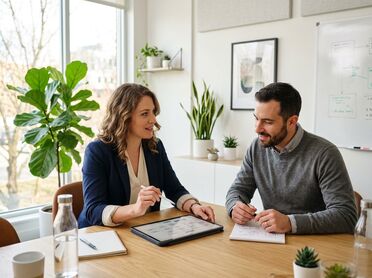 Zwei Mitarbeitende besprechen automatisierten Workflow auf Tablet im Büro