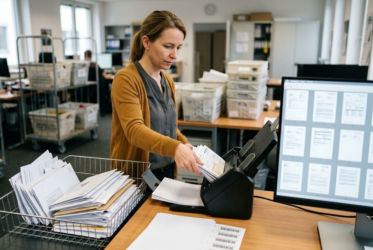 Mitarbeiterin legt geöffnete Briefe in einen Dokumentenscanner