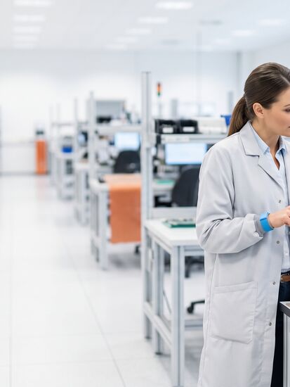 Zwei Ingenieure in hellen Arbeitsmänteln prüfen an einem Montagetisch eine Leiterplattenbaugruppe, eine hält ein Tablet