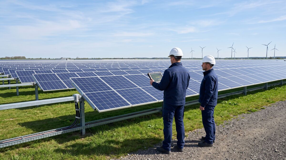 Zwei Mitarbeiter mit Tablet in einem großen Solarpark