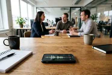 Smartphone nimmt ein Gespräch im Büro auf, im Hintergrund unterhalten sich drei Kollegen