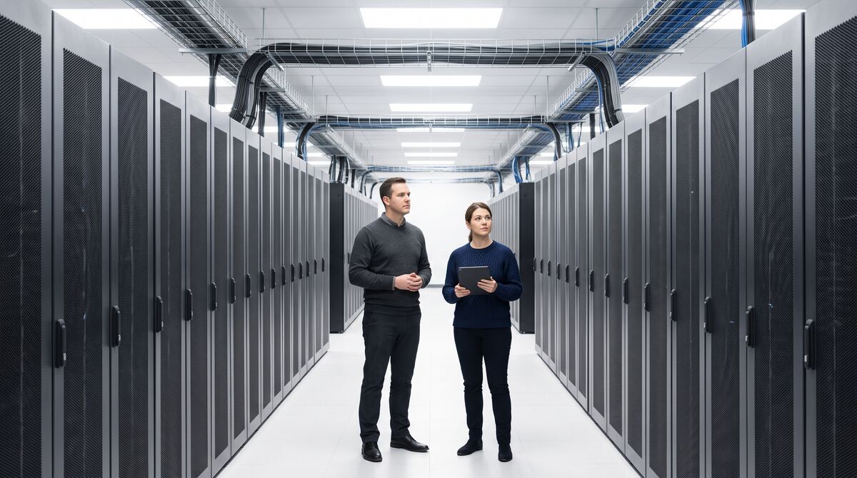 Serverschrank im Rechenzentrum mit Statusanzeige auf einem Wandbildschirm