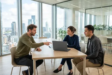 Drei Mitarbeitende besprechen in einem hellen Besprechungsraum am Laptop, wie sich KI im Unternehmen einführen lässt