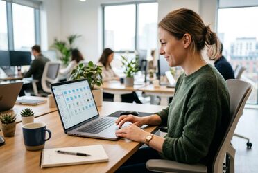 Mitarbeiter arbeitet im vertrauten Datei-Explorer mit Ordnerstruktur am Laptop, geringer Schulungsaufwand