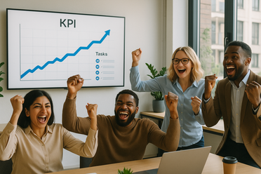 Erfolgsgefühl: Jubel über KI-Automation und steigende KPIs Erfolgsstimmung: Angestellte jubeln vor großem Office-Monitor mit steigender KPI- und Task-Übersicht, modernes Büro