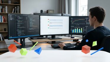 Entwickler-Cockpit mit Code, Chat und Diagrammen symbolisiert GLM 5.2 für komplexe Coding- und agentische Aufgaben