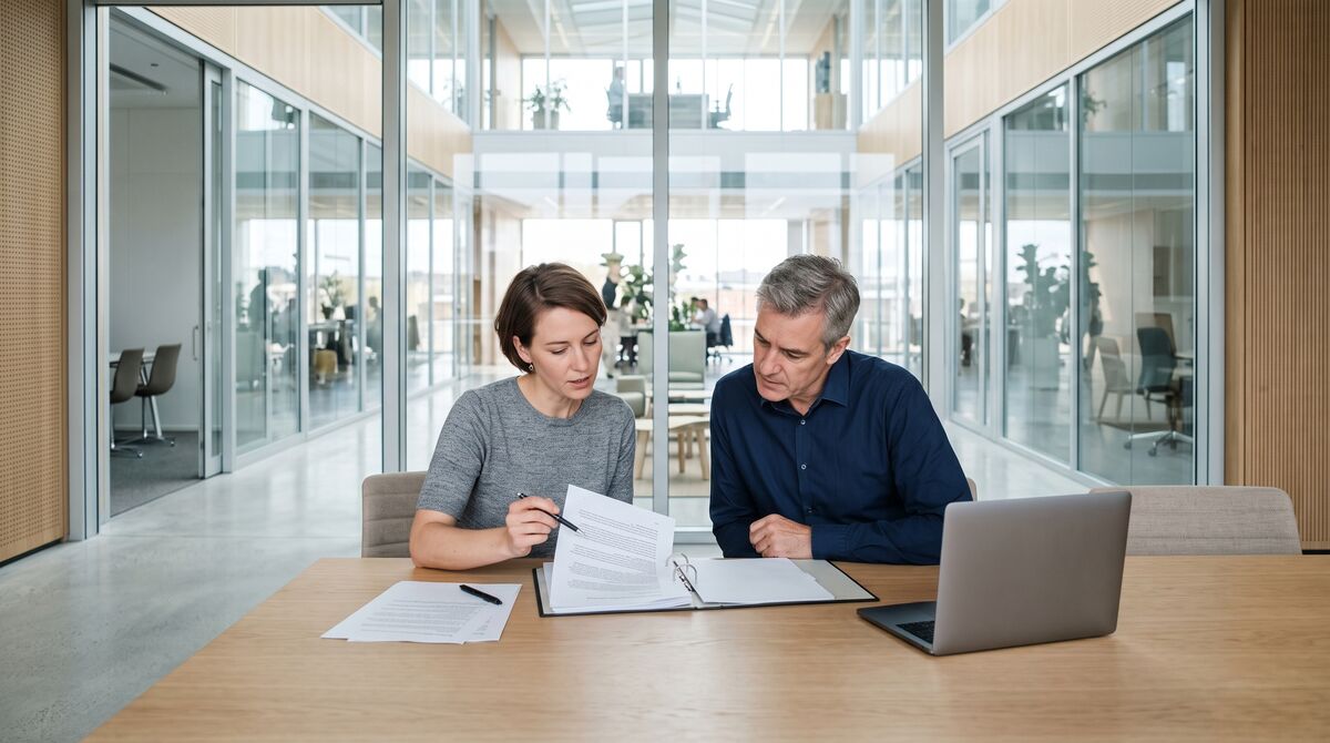 Zwei Personen prüfen Vertragsunterlagen in einem hellen Büro